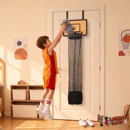 Boy jumping to slam-dunk a t-shirt into the Layup Hoop