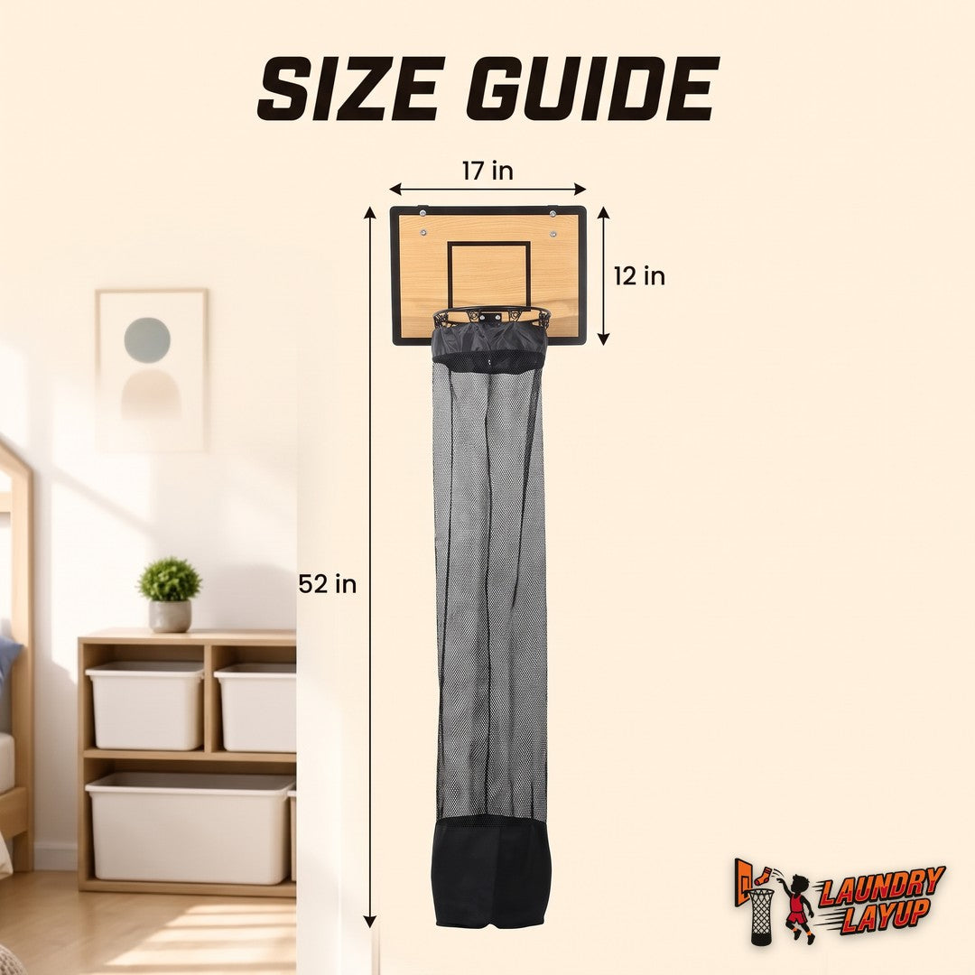 Size guide: backboard 17 x 12 inches, net 52 inches long