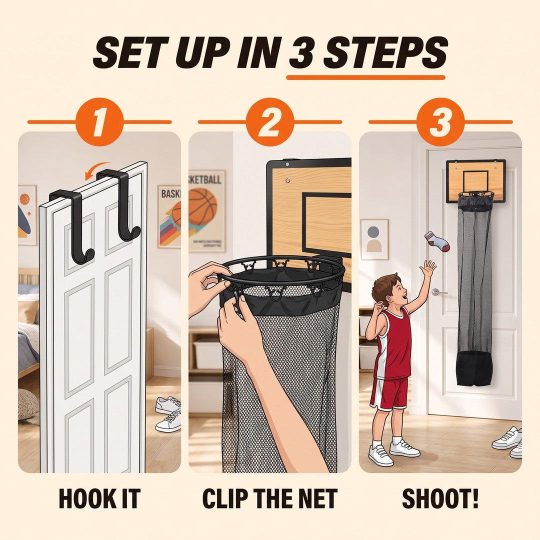 Set up in 3 steps: hook it, clip the net, shoot